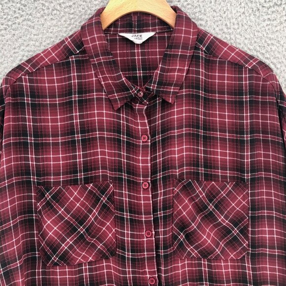 BB Dakota Jack Top Womens Medium Red Plaid Cropped Roll Tab Long Sleeve Button - Picture 2 of 11